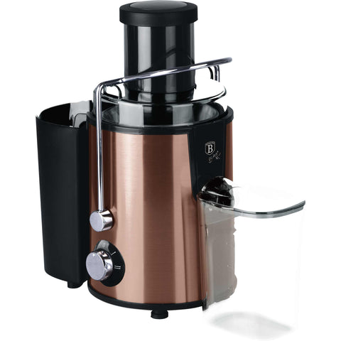 Product image of Juice extractor. Part of the Metallic Line Rose Gold Edition . Features: • Material: stainless steel body, stainless steel filter • Capacity: 600 ml juice cup, 1300 ml pulp cup • 220-240V 50-60Hz 500W • Length of power c.... (Studio view). Official Berlinger Haus product, boosted by Promintra sl.