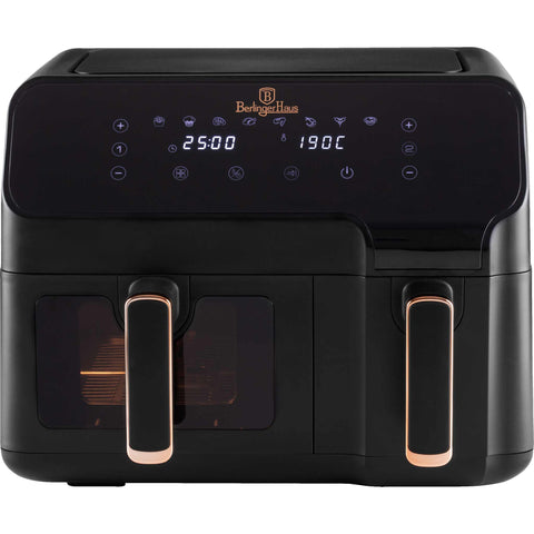 Product image of Dual basket air fryer 5,5L+ 3,5L one side with visible window. Part of the Black Rose Collection . Features: • Power: 220-240V ~ 50Hz 2700W • Temperature control: 80-200℃ • XXXL SIZE: Capacity: 9L=5,5L+3,5L • Non-stick oil tray and food basket - dishwasher.... (Studio view). Official Berlinger Haus product, boosted by Promintra sl.