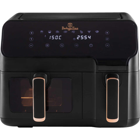 Product image of Dual basket air fryer 5,5L+ 3,5L one side with visible window. Part of the Black Rose Collection . Features: • Power: 220-240V ~ 50Hz 2700W • Temperature control: 80-200℃ • XXXL SIZE: Capacity: 9L=5,5L+3,5L • Non-stick oil tray and food basket - dishwasher.... (Studio view). Official Berlinger Haus product, boosted by Promintra sl.