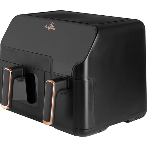 Product image of Dual basket air fryer 5,5L+ 3,5L one side with visible window. Part of the Black Rose Collection . Features: • Power: 220-240V ~ 50Hz 2700W • Temperature control: 80-200℃ • XXXL SIZE: Capacity: 9L=5,5L+3,5L • Non-stick oil tray and food basket - dishwasher.... (Studio view). Official Berlinger Haus product, boosted by Promintra sl.