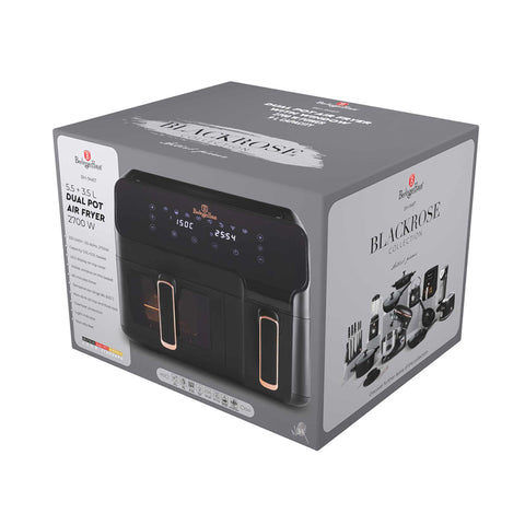 Product image of Dual basket air fryer 5,5L+ 3,5L one side with visible window. Part of the Black Rose Collection . Features: • Power: 220-240V ~ 50Hz 2700W • Temperature control: 80-200℃ • XXXL SIZE: Capacity: 9L=5,5L+3,5L • Non-stick oil tray and food basket - dishwasher.... (Studio view). Official Berlinger Haus product, boosted by Promintra sl.