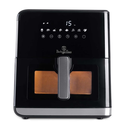 Product image of Air fryer 7,5L visible window. Part of the Black Vantage Collection/Matte Black Collection/Black Silver Collection/Eternal Collection . Features: • Power: 100-127V/220-240V ~ 1700W • Temperature control: 80-200℃ • Include: • XXXL SIZE: Food basket with non-stick coating 7,5L • DIGITAL • Color.... (Studio view). Official Berlinger Haus product, boosted by Promintra sl.