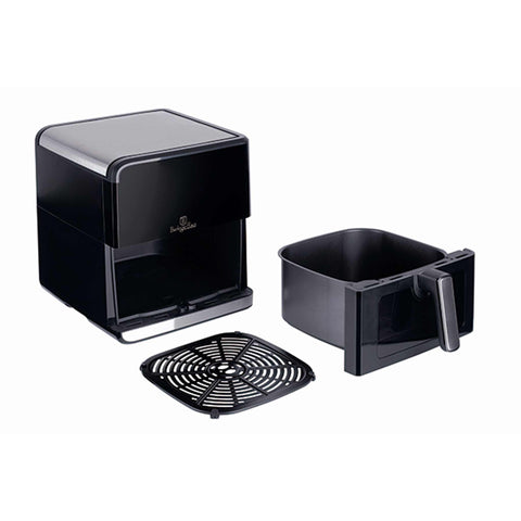 Product image of Air fryer 7,5L visible window. Part of the Black Vantage Collection/Matte Black Collection/Black Silver Collection/Eternal Collection . Features: • Power: 100-127V/220-240V ~ 1700W • Temperature control: 80-200℃ • Include: • XXXL SIZE: Food basket with non-stick coating 7,5L • DIGITAL • Color.... (Studio view). Official Berlinger Haus product, boosted by Promintra sl.