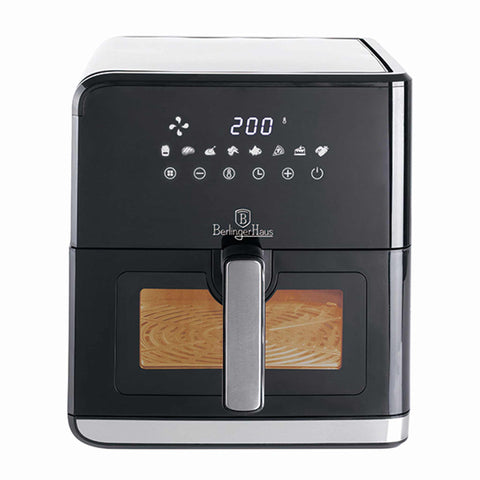 Product image of Air fryer 7,5L visible window. Part of the Black Vantage Collection/Matte Black Collection/Black Silver Collection/Eternal Collection . Features: • Power: 100-127V/220-240V ~ 1700W • Temperature control: 80-200℃ • Include: • XXXL SIZE: Food basket with non-stick coating 7,5L • DIGITAL • Color.... (Studio view). Official Berlinger Haus product, boosted by Promintra sl.
