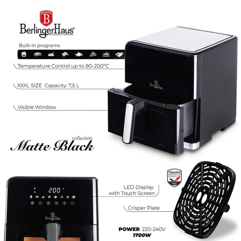 Product image of Air fryer 7,5L visible window. Part of the Black Vantage Collection/Matte Black Collection/Black Silver Collection/Eternal Collection . Features: • Power: 100-127V/220-240V ~ 1700W • Temperature control: 80-200℃ • Include: • XXXL SIZE: Food basket with non-stick coating 7,5L • DIGITAL • Color.... (Studio view). Official Berlinger Haus product, boosted by Promintra sl.