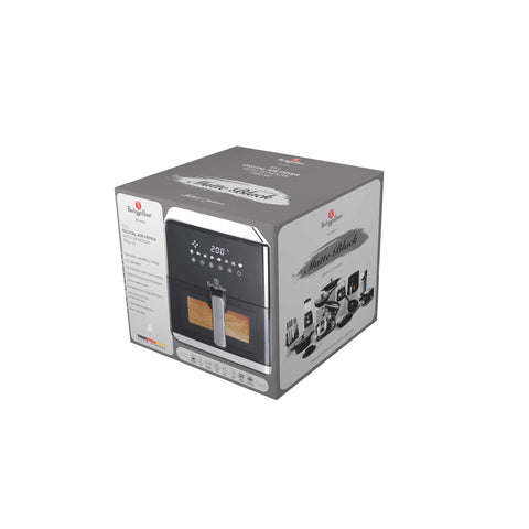 Product image of Air fryer 7,5L visible window. Part of the Black Vantage Collection/Matte Black Collection/Black Silver Collection/Eternal Collection . Features: • Power: 100-127V/220-240V ~ 1700W • Temperature control: 80-200℃ • Include: • XXXL SIZE: Food basket with non-stick coating 7,5L • DIGITAL • Color.... (Studio view). Official Berlinger Haus product, boosted by Promintra sl.