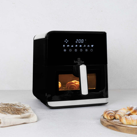 Product image of Air fryer 7,5L visible window. Part of the Black Vantage Collection/Matte Black Collection/Black Silver Collection/Eternal Collection . Features: • Power: 100-127V/220-240V ~ 1700W • Temperature control: 80-200℃ • Include: • XXXL SIZE: Food basket with non-stick coating 7,5L • DIGITAL • Color.... (Studio view). Official Berlinger Haus product, boosted by Promintra sl.