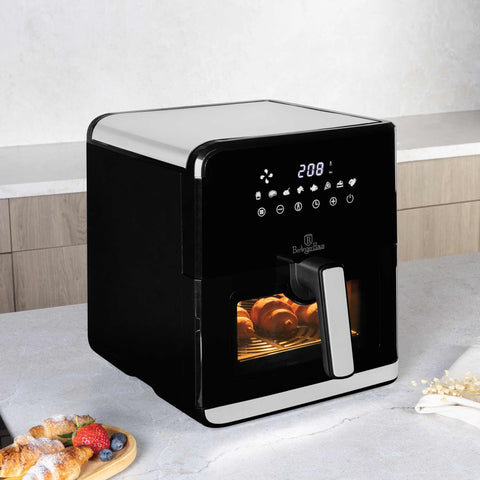 Product image of Air fryer 7,5L visible window. Part of the Black Vantage Collection/Matte Black Collection/Black Silver Collection/Eternal Collection . Features: • Power: 100-127V/220-240V ~ 1700W • Temperature control: 80-200℃ • Include: • XXXL SIZE: Food basket with non-stick coating 7,5L • DIGITAL • Color.... (Studio view). Official Berlinger Haus product, boosted by Promintra sl.