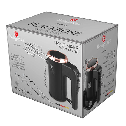 Product image of Hand mixer with stand. Part of the Black Rose Collection . Features: • Material: plastic and stainless steel • Include: • 2 pcs beaters for eggs and cream • 2 pcs hooks for mixing dough • Voltage: 220-240 V, 50/60 Hz.... (Studio view). Official Berlinger Haus product, boosted by Promintra sl.