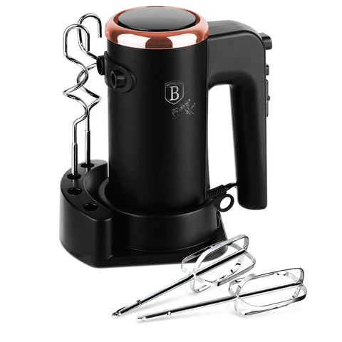 Product image of Hand mixer with stand. Part of the Black Rose Collection . Features: • Material: plastic and stainless steel • Include: • 2 pcs beaters for eggs and cream • 2 pcs hooks for mixing dough • Voltage: 220-240 V, 50/60 Hz.... (Studio view). Official Berlinger Haus product, boosted by Promintra sl.