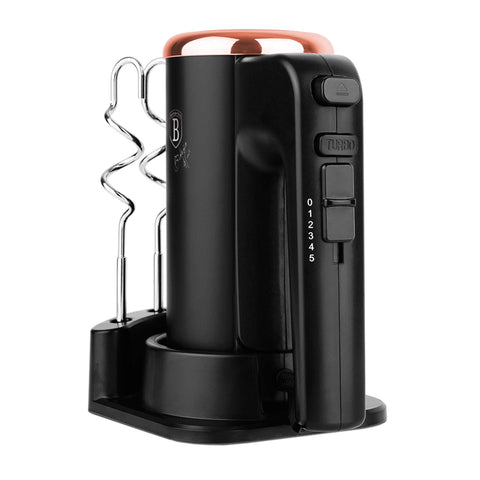 Product image of Hand mixer with stand. Part of the Black Rose Collection . Features: • Material: plastic and stainless steel • Include: • 2 pcs beaters for eggs and cream • 2 pcs hooks for mixing dough • Voltage: 220-240 V, 50/60 Hz.... (Studio view). Official Berlinger Haus product, boosted by Promintra sl.