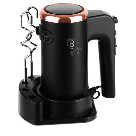 Product image of Hand mixer with stand. Part of the Black Rose Collection . Features: • Material: plastic and stainless steel • Include: • 2 pcs beaters for eggs and cream • 2 pcs hooks for mixing dough • Voltage: 220-240 V, 50/60 Hz.... (Studio view). Official Berlinger Haus product, boosted by Promintra sl.