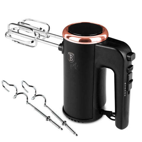 Product image of Hand mixer with stand. Part of the Black Rose Collection . Features: • Material: plastic and stainless steel • Include: • 2 pcs beaters for eggs and cream • 2 pcs hooks for mixing dough • Voltage: 220-240 V, 50/60 Hz.... (Studio view). Official Berlinger Haus product, boosted by Promintra sl.