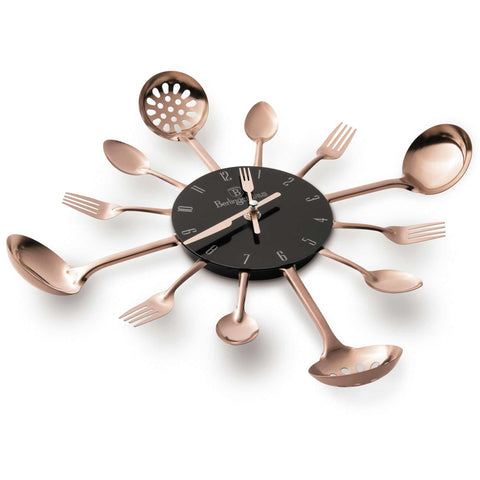 Product image of Kitchen wall clock. Part of the Black Rose Collection . Features: • Material: stainless steel, aluminium dial and clock hands, plastic back case • Battery: 1 pc AA battery (not included) • Color: black- rose gold. (Studio view). Official Berlinger Haus product, boosted by Promintra sl.