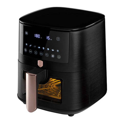 Product image of Air fryer 5L visible window. Part of the Black Rose Collection . Features: • Power: 220-240V ~ 1400W • Temperature control: 40-200℃ • Include: • XL SIZE: food basket with non-stick coating 5L • DIGITAL • Color: black- rose.... (Studio view). Official Berlinger Haus product, boosted by Promintra sl.