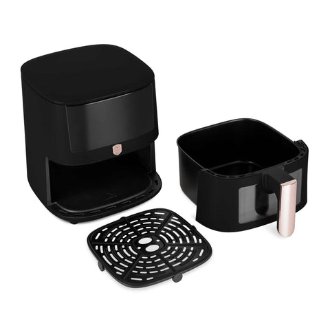 Product image of Air fryer 5L visible window. Part of the Black Rose Collection . Features: • Power: 220-240V ~ 1400W • Temperature control: 40-200℃ • Include: • XL SIZE: food basket with non-stick coating 5L • DIGITAL • Color: black- rose.... (Studio view). Official Berlinger Haus product, boosted by Promintra sl.