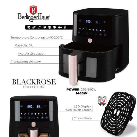 Product image of Air fryer 5L visible window. Part of the Black Rose Collection . Features: • Power: 220-240V ~ 1400W • Temperature control: 40-200℃ • Include: • XL SIZE: food basket with non-stick coating 5L • DIGITAL • Color: black- rose.... (Studio view). Official Berlinger Haus product, boosted by Promintra sl.