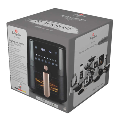 Product image of Air fryer 5L visible window. Part of the Black Rose Collection . Features: • Power: 220-240V ~ 1400W • Temperature control: 40-200℃ • Include: • XL SIZE: food basket with non-stick coating 5L • DIGITAL • Color: black- rose.... (Studio view). Official Berlinger Haus product, boosted by Promintra sl.