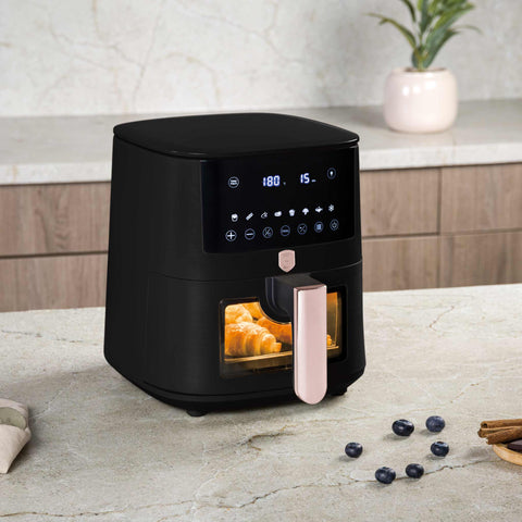 Product image of Air fryer 5L visible window. Part of the Black Rose Collection . Features: • Power: 220-240V ~ 1400W • Temperature control: 40-200℃ • Include: • XL SIZE: food basket with non-stick coating 5L • DIGITAL • Color: black- rose.... (Studio view). Official Berlinger Haus product, boosted by Promintra sl.