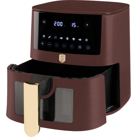 Product image of Air fryer 5L visible window. Part of the Leonardo Collection . Features: • Power: 220-240V ~ 1400W • Temperature control: 40-200℃ • Include: • XL SIZE: food basket with non-stick coating 5L • DIGITAL • Color: matt bordeaux. (Studio view). Official Berlinger Haus product, boosted by Promintra sl.