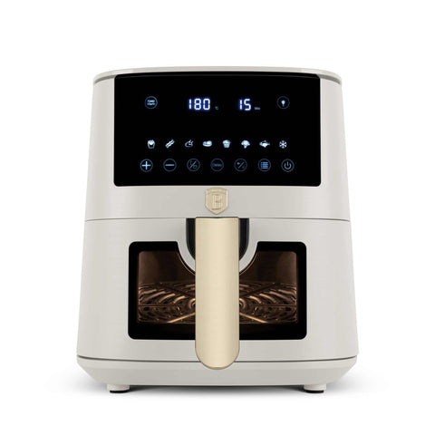 Product image of Air fryer 5L visible window. Part of the Sahara Collection . Features: • Power: 220-240V ~ 1400W • Temperature control: 40-200℃ • Include: • XL SIZE: food basket with non-stick coating 5L • DIGITAL • Color: matt cream. (Studio view). Official Berlinger Haus product, boosted by Promintra sl.