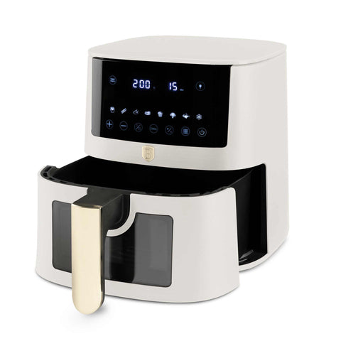 Product image of Air fryer 5L visible window. Part of the Sahara Collection . Features: • Power: 220-240V ~ 1400W • Temperature control: 40-200℃ • Include: • XL SIZE: food basket with non-stick coating 5L • DIGITAL • Color: matt cream. (Studio view). Official Berlinger Haus product, boosted by Promintra sl.