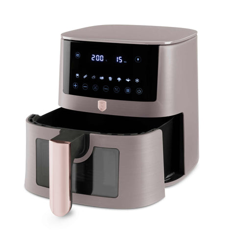 Product image of Air fryer 5L visible window. Part of the Taupe Collection . Features: • Power: 220-240V ~ 1400W • Temperature control: 40-200℃ • Include: • XL SIZE: food basket with non-stick coating 5L • DIGITAL • Color: matt taupe. (Studio view). Official Berlinger Haus product, boosted by Promintra sl.