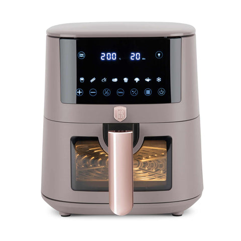 Product image of Air fryer 5L visible window. Part of the Taupe Collection . Features: • Power: 220-240V ~ 1400W • Temperature control: 40-200℃ • Include: • XL SIZE: food basket with non-stick coating 5L • DIGITAL • Color: matt taupe. (Studio view). Official Berlinger Haus product, boosted by Promintra sl.