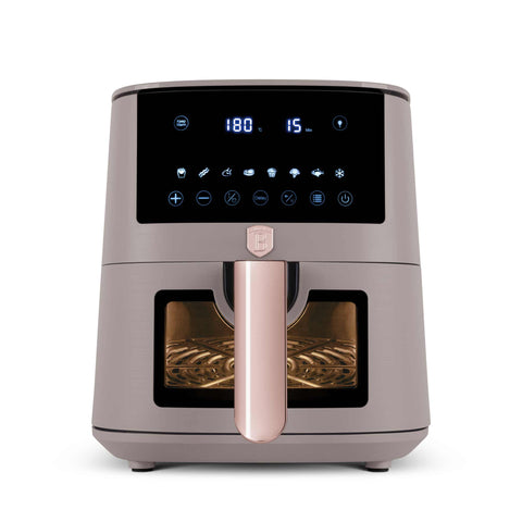 Product image of Air fryer 5L visible window. Part of the Taupe Collection . Features: • Power: 220-240V ~ 1400W • Temperature control: 40-200℃ • Include: • XL SIZE: food basket with non-stick coating 5L • DIGITAL • Color: matt taupe. (Studio view). Official Berlinger Haus product, boosted by Promintra sl.