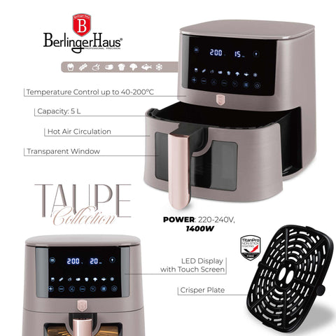Product image of Air fryer 5L visible window. Part of the Taupe Collection . Features: • Power: 220-240V ~ 1400W • Temperature control: 40-200℃ • Include: • XL SIZE: food basket with non-stick coating 5L • DIGITAL • Color: matt taupe. (Studio view). Official Berlinger Haus product, boosted by Promintra sl.