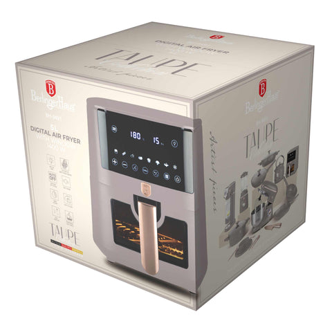 Product image of Air fryer 5L visible window. Part of the Taupe Collection . Features: • Power: 220-240V ~ 1400W • Temperature control: 40-200℃ • Include: • XL SIZE: food basket with non-stick coating 5L • DIGITAL • Color: matt taupe. (Studio view). Official Berlinger Haus product, boosted by Promintra sl.