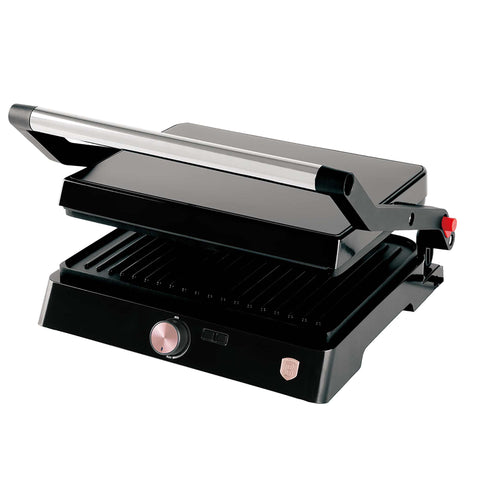 Product image of Electric grill with oil drip pan. Part of the Black Rose Collection . Features: • Power: 2200W • Voltage: 220-240 V • NON-STICK coating on plate • Plate size: 29*23 cm • Color: black- rose gold • 2 IN 1 2 TYPES OF OPENING • Ope.... (Studio view). Official Berlinger Haus product, boosted by Promintra sl.