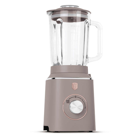 Product image of Table blender with 1,5L GLASS jar 1000W. Part of the Taupe Collection . Features: • Material: plastic, glass • Power: 1000 W • Voltage: 220-240V, 50-60 Hz • 1,5 L glass jar • Color: matt taupe. (Studio view). Official Berlinger Haus product, boosted by Promintra sl.
