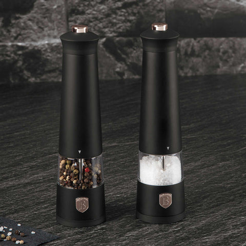 Product image of Electric pepper and salt mill 2pcs set. Part of the Black Rose Collection . Features: • Material: plastic with CERAMIC grinder • Batteries: 4 pcs AAA (not inc.) • WITH LIGHT • Color: black- rose gold • 2 pcs set. (Studio view). Official Berlinger Haus product, boosted by Promintra sl.