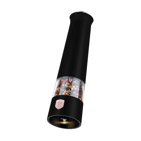 Product image of Electric pepper and salt mill 2pcs set. Part of the Black Rose Collection . Features: • Material: plastic with CERAMIC grinder • Batteries: 4 pcs AAA (not inc.) • WITH LIGHT • Color: black- rose gold • 2 pcs set. (Studio view). Official Berlinger Haus product, boosted by Promintra sl.
