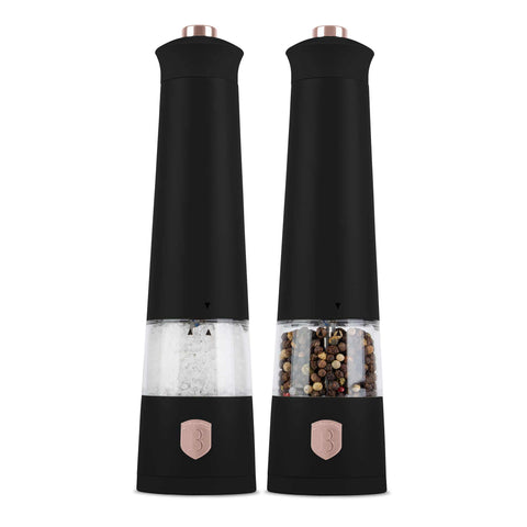 Product image of Electric pepper and salt mill 2pcs set. Part of the Black Rose Collection . Features: • Material: plastic with CERAMIC grinder • Batteries: 4 pcs AAA (not inc.) • WITH LIGHT • Color: black- rose gold • 2 pcs set. (Studio view). Official Berlinger Haus product, boosted by Promintra sl.