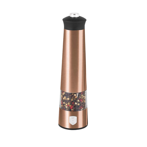 Product image of Electric pepper and salt mill 2pcs set. Part of the Metallic Line Rose Gold Edition . Features: • Material: stainless steel with CERAMIC grinder • Batteries: 4 pcs AAA (not inc.) • Color: rose gold • 2 pcs set. (Studio view). Official Berlinger Haus product, boosted by Promintra sl.