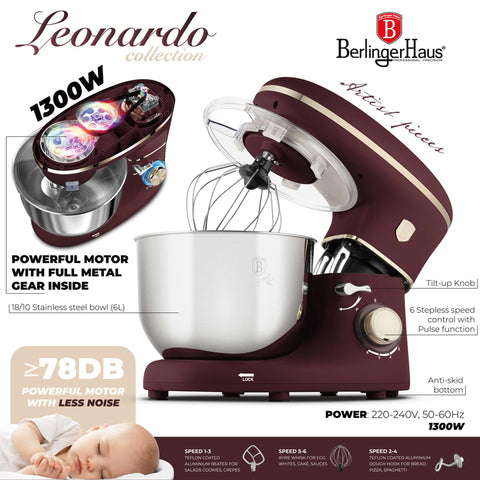 Imatge del producte de robot de cuina. Part de la col·lecció Leonardo. Característiques: • Material: acer inoxidable, plàstic • 1300 W, 220-240V, 50/60 Hz • Inclou: • Bol d'acer inoxidable 18/10 de 6L • Ganxo per a massa antiadherent • Bol antiadherent... (Vista d'estudi). Producte oficial de Berlinger, impulsat per Promintra sl.