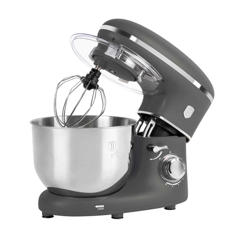 Product image of Kitchen machine. Part of the Anthracite Collection . Features: • Material: stainless steel, plastic • 1300 W, 220-240V, 50/60 Hz • Include: • 18/10 stainless steel bowl 6L • Non-stick dough hook • Non-stick bea.... (Studio view). Official Berlinger Haus product, boosted by Promintra sl.