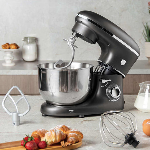 Product image of Kitchen machine. Part of the Anthracite Collection . Features: • Material: stainless steel, plastic • 1300 W, 220-240V, 50/60 Hz • Include: • 18/10 stainless steel bowl 6L • Non-stick dough hook • Non-stick bea.... (Studio view). Official Berlinger Haus product, boosted by Promintra sl.