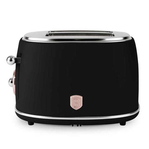 Product image of Toaster. Part of the Black Rose Collection . Features: • Material: metal, aluminium • Voltage: 220-240 V, 50/60Hz • Power: 850W • Length of power cord: 80 cm • Color: matt black- rose gold. (Studio view). Official Berlinger Haus product, boosted by Promintra sl.