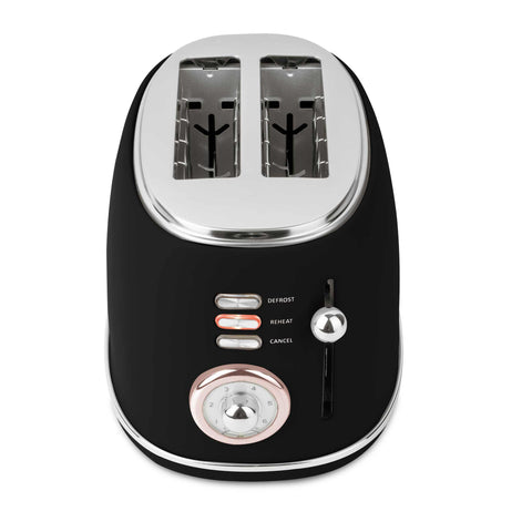 Product image of Toaster. Part of the Black Rose Collection . Features: • Material: metal, aluminium • Voltage: 220-240 V, 50/60Hz • Power: 850W • Length of power cord: 80 cm • Color: matt black- rose gold. (Studio view). Official Berlinger Haus product, boosted by Promintra sl.