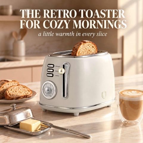 Product image of Toaster. Part of the Sahara Collection . Features: • Material: metal, aluminium • Voltage: 220-240 V, 50/60Hz • Power: 850W • Length of power cord: 80 cm • Color: matt cream. (Studio view). Official Berlinger Haus product, boosted by Promintra sl.