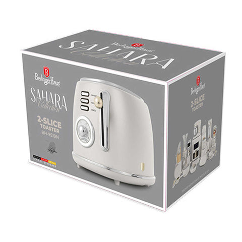 Product image of Toaster. Part of the Sahara Collection . Features: • Material: metal, aluminium • Voltage: 220-240 V, 50/60Hz • Power: 850W • Length of power cord: 80 cm • Color: matt cream. (Studio view). Official Berlinger Haus product, boosted by Promintra sl.