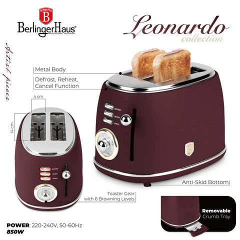 BH/9520, Tostadora, Burdeos mate, Tostadora eléctrica, Dos rebanadas, Electrodomésticos de cocina