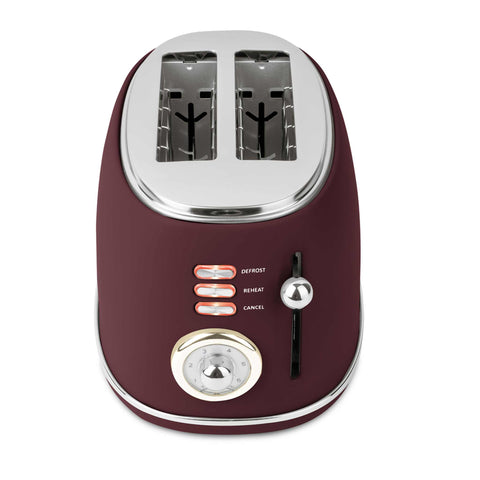 Product image of Toaster. Part of the Leonardo Collection . Features: • Material: metal, aluminium • Voltage: 220-240 V, 50/60Hz • Power: 850W • Length of power cord: 80 cm • Color: matt bordeaux. (Studio view). Official Berlinger Haus product, boosted by Promintra sl.