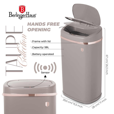 BH/9523, Cubo de basura con sensor de 58 l, color topo mate, cubo de basura con sensor, eléctrico/batería, cubo de basura, cubo de basura, utensilios de cocina
