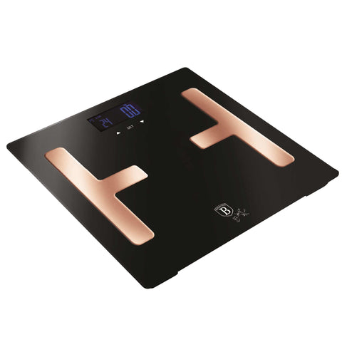 Product image of Digital bathroom BODYFAT glass scale capacity 180kg. Part of the Black Rose Collection . Features: • Material: tempered glass and plastic • Capacity: 180 kg • Size: 30*30 cm • Weight unit: lb/st/kg • Auto zero and auto off • Power: 2 pcs AAA batt.... (Studio view). Official Berlinger Haus product, boosted by Promintra sl.