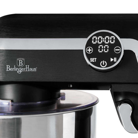 Product image of Kitchen machine. Part of the Black Vantage Collection/Matte Black Collection/Black Silver Collection . Features: • Material: cast aluminium body and stainless steel • 1800 W, 220-240V, 50/60 Hz • Include: • 18/10 stainless steel bowl 7L • Cast aluminium non-st.... (Studio view). Official Berlinger Haus product, boosted by Promintra sl.