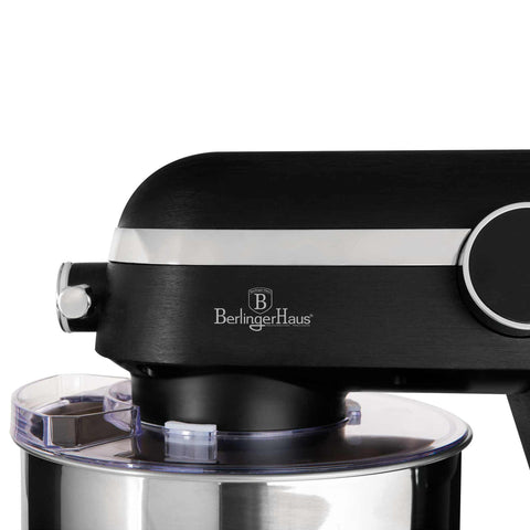 Product image of Kitchen machine. Part of the Black Vantage Collection/Matte Black Collection/Black Silver Collection . Features: • Material: cast aluminium body and stainless steel • 1800 W, 220-240V, 50/60 Hz • Include: • 18/10 stainless steel bowl 7L • Cast aluminium non-st.... (Studio view). Official Berlinger Haus product, boosted by Promintra sl.